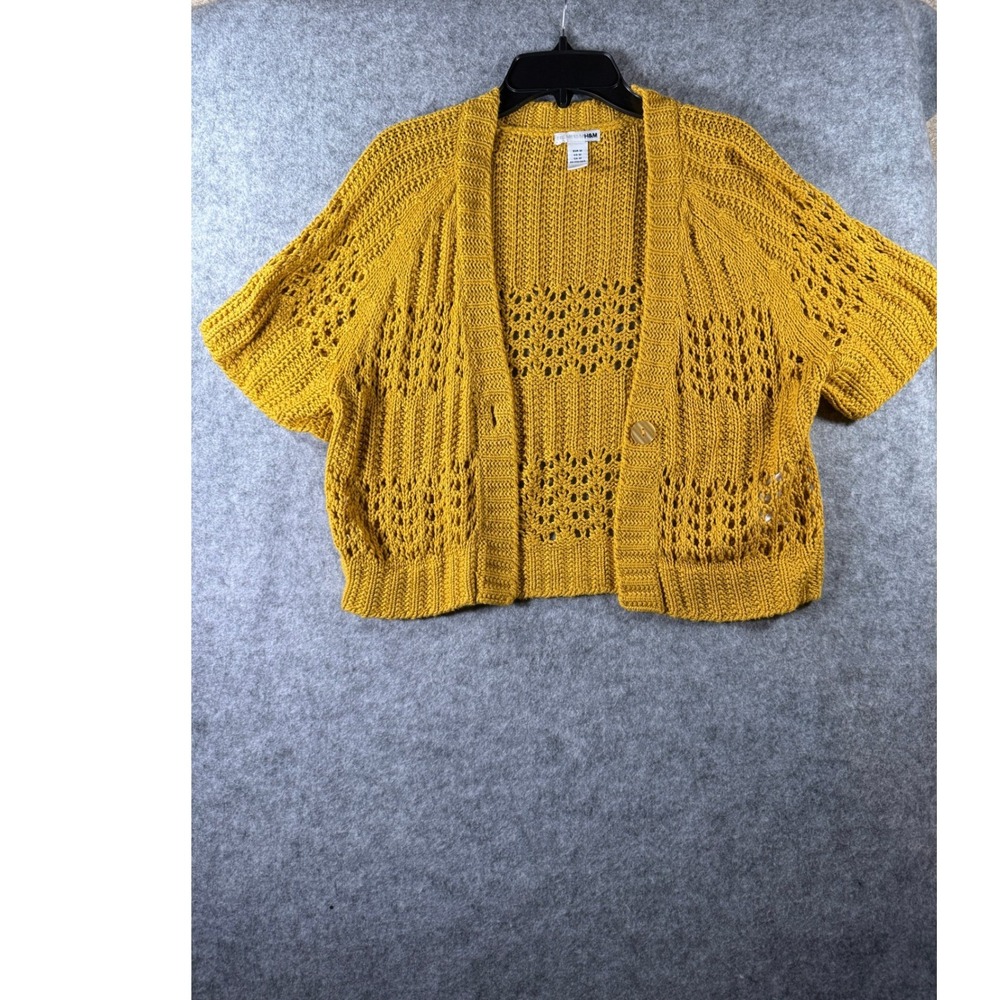 HM Mustard Yellow Open Knit Cropped Cardigan Short Sleeve Button Front Sweater M